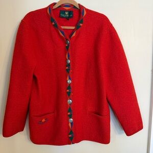 Vintage Orange/Red Boiled Wool Jacket Giesswein Ribbon Trim Size 38